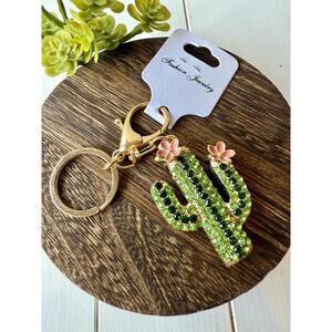 Green Cactus Rhinestone Keychain Charm Pink Flower Bling Purse Bag Accessory NEW